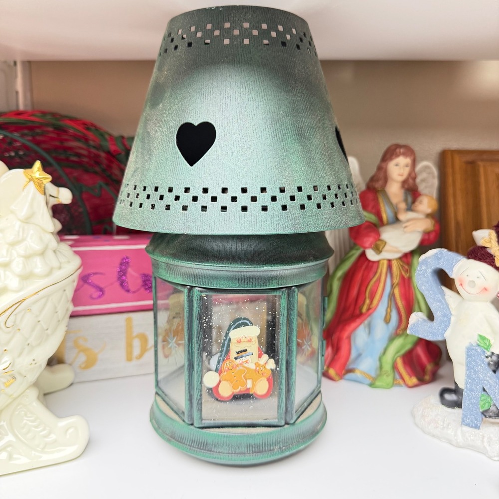 Vintage Christmas Santa Lantern Candle Holder Teal Patina Metal Heart Cutout